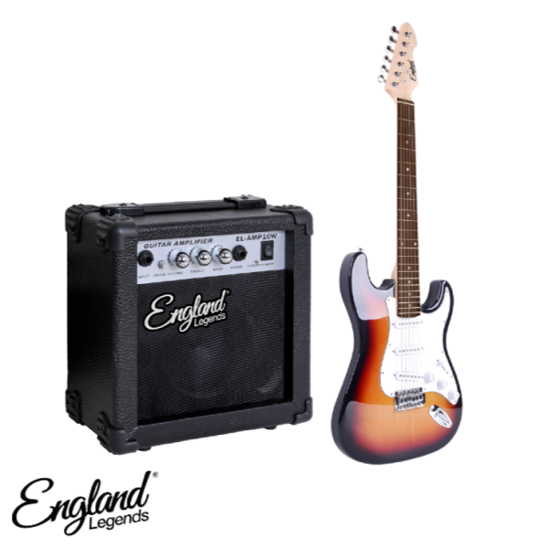 Guitarra Eléctrica Stratocaster England Legends Amarilla Con Bordes Negros + Amplificador de 10W EL-GEC 01 SB-AMP10