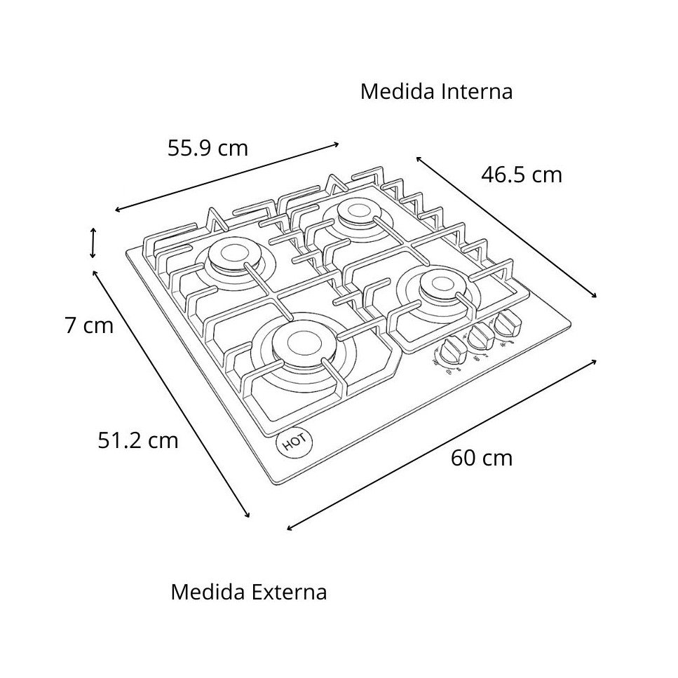 Encimera a Gas Empotrable BP 4Q Vidrio Ceramico Parrilla Hierro Fundido de 60cm  BARCELONA I