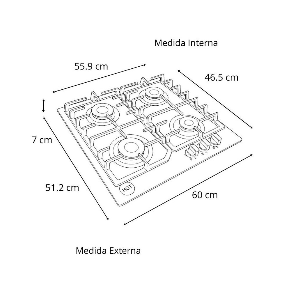 Encimera a Gas Empotrable BP 4Q Vidrio Ceramico Parrilla Hierro Fundido de 60cm  BARCELONA I