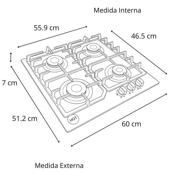 Encimera a Gas Empotrable BP 4Q Vidrio Ceramico Parrilla Hierro Fundido de 60cm  BARCELONA I