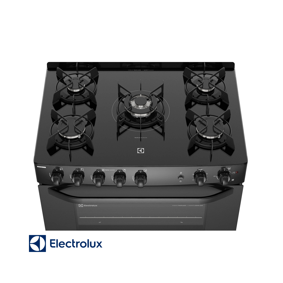 Cocina de Gas Electrolux Base de Vidrio Negro – 5 Quemadores Con Grill FE5GPE