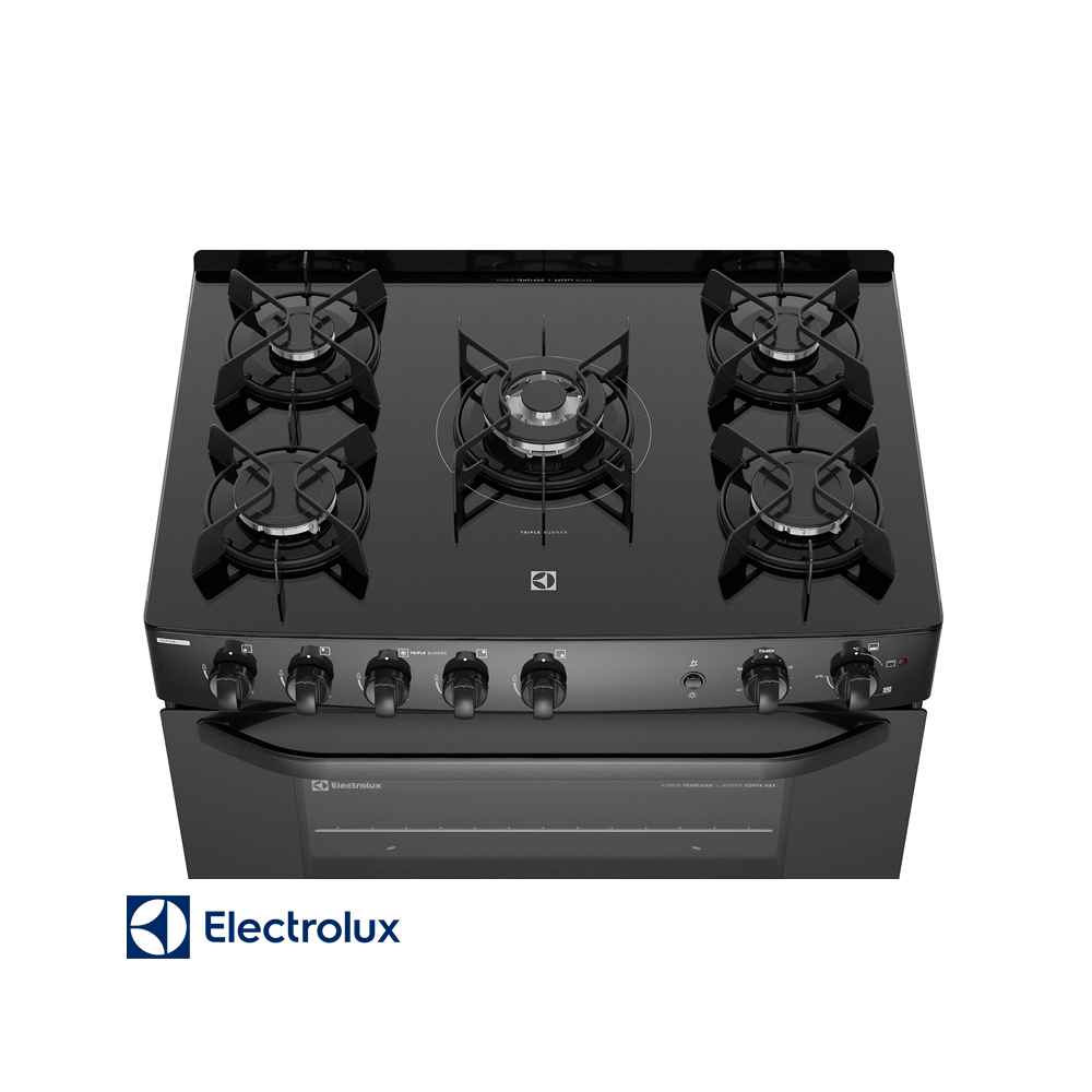 Cocina de Gas Electrolux Base de Vidrio Negro – 5 Quemadores Con Grill FE5GPE