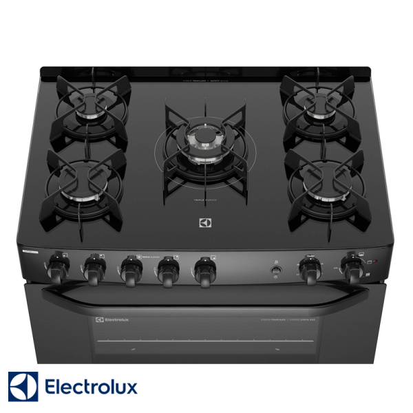 Cocina de Gas Electrolux Base de Vidrio Negro – 5 Quemadores Con Grill FE5GPE