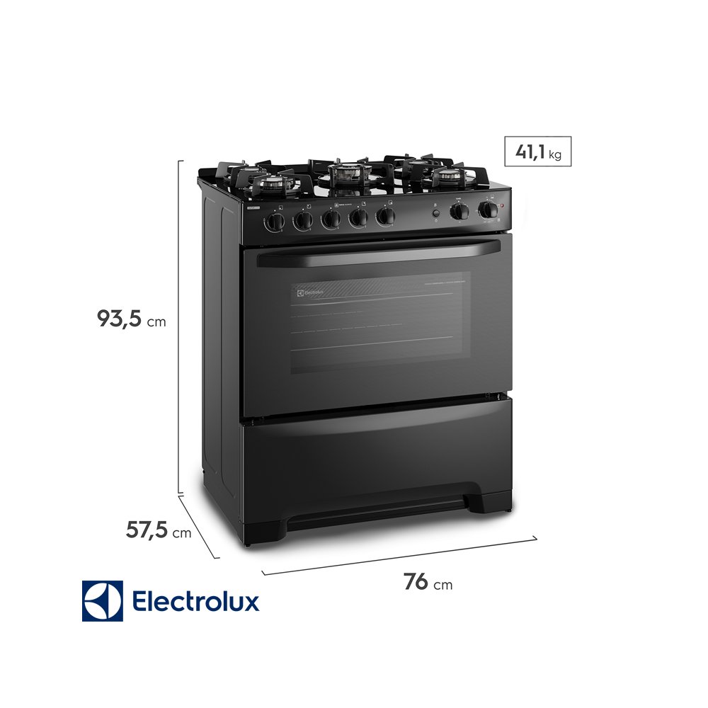 Cocina de Gas Electrolux Base de Vidrio Negro – 5 Quemadores Con Grill FE5GPE