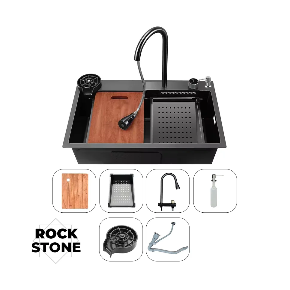 Fregadero Rock Stone de 1 Pozo Con Accesorios LUXE COMPLETO NEGRO