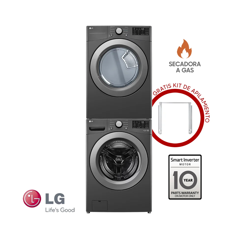 Combo Lavadora + Secadora de Gas LG 25 Kgs – 55 Lbs Inverter