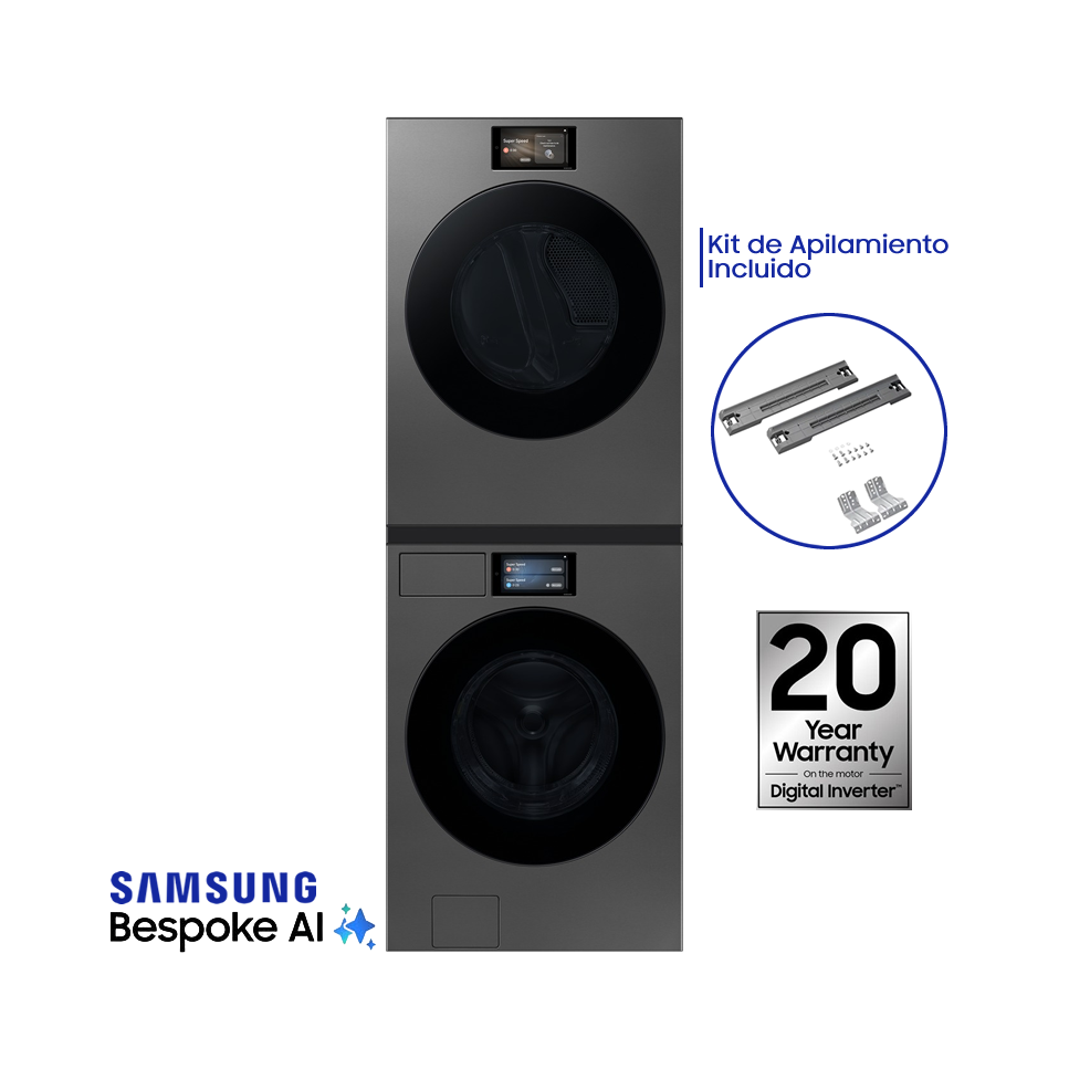 Combo Samsung Bespoke Lavadora + Secadora Eléctrica 26kg Acero Negro