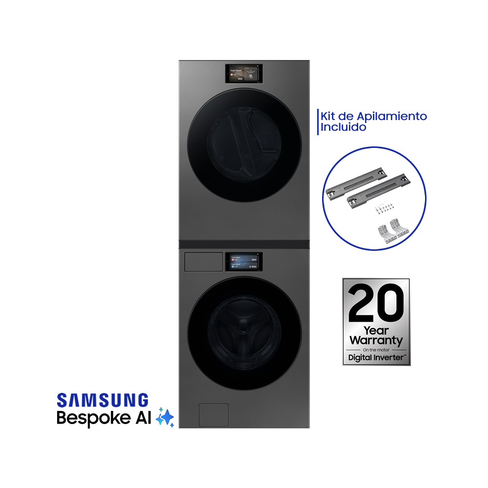 Combo Samsung Bespoke Lavadora + Secadora Eléctrica 26kg Acero Negro